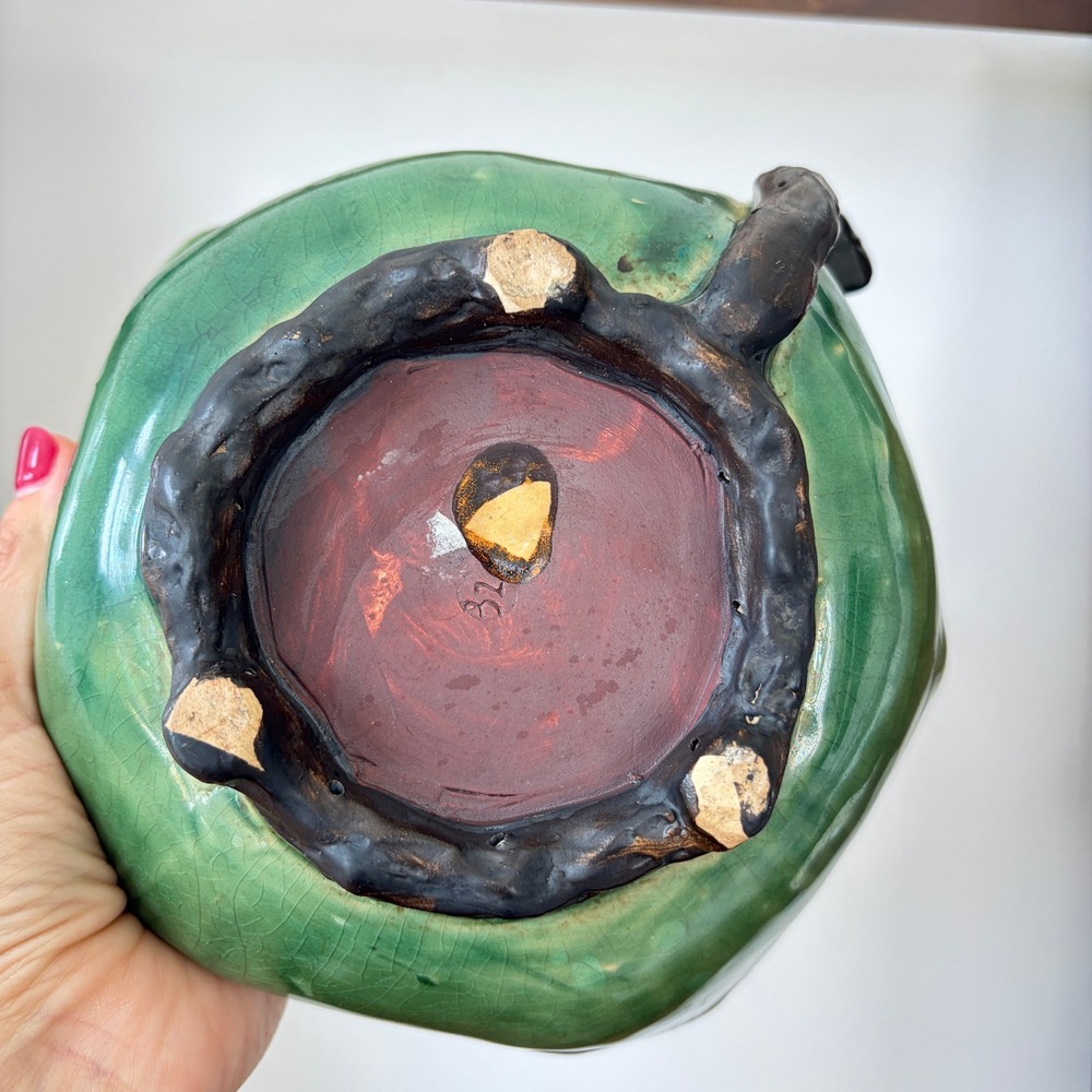 Vintage Artisan Ceramic Bird Bowl Teal Green Crackle Glaze Hand Painted Decor - Picture 6 of 12